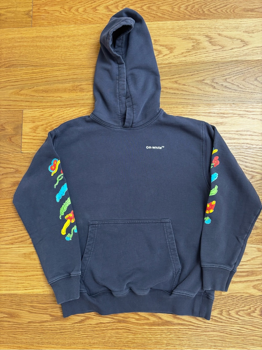 Off-White kids Navy Hoodie with Mushroom Sleeve and back Graphics